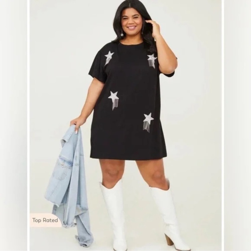 Arula Black Dress with Rhinestone Star Fringe